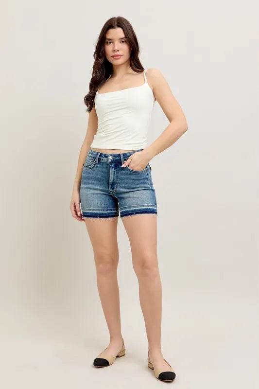 Judy Blue Full Size Mr Tummy Control Vintage Wash Release Hem Shorts Plus Size - Rosa Apparel