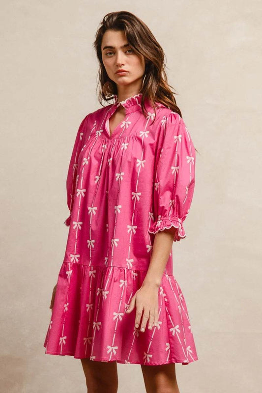 BiBi Ribbon Patterns With Scallops Edge Details Short Sleeve Dress - Rosa Apparel