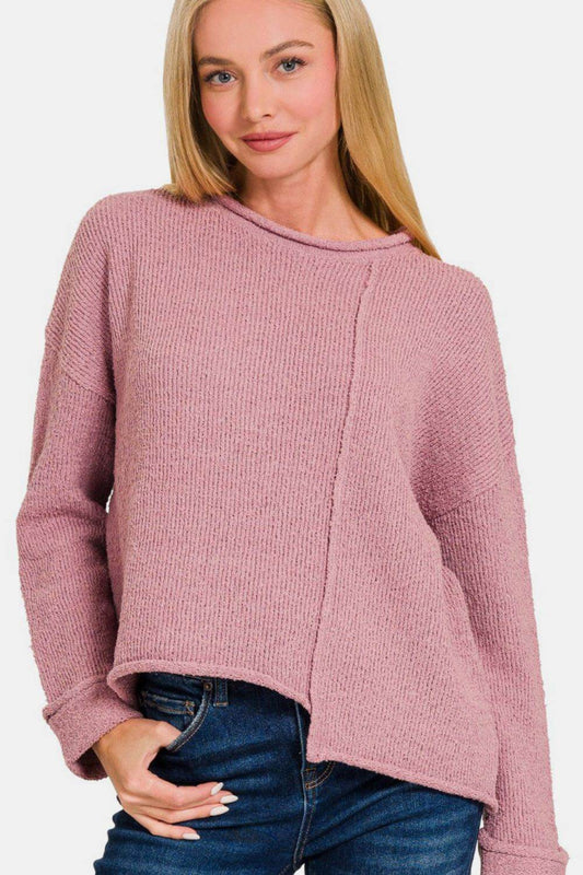 Zenana Asymmetric Hem Drop Shoulder Sweater - Rosa Apparel