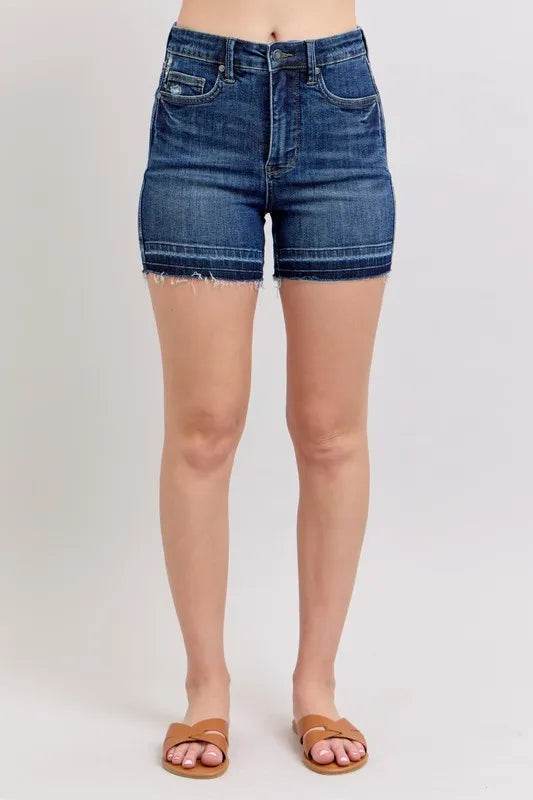 Judy Blue Full Size High Waist Tummy Control Destroy Release Hem Denim Shorts Plus Size - Rosa Apparel