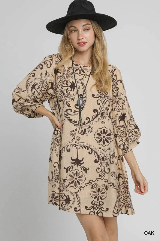 Umgee Boho Printed Balloon Sleeve Mini Dress - Rosa Apparel