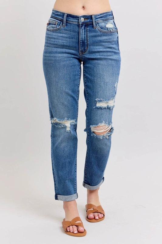 Judy Blue Full Size Mr Vintage Wash Boyfriend Fit W/ Destroy Jeans Plue Size - Rosa Apparel