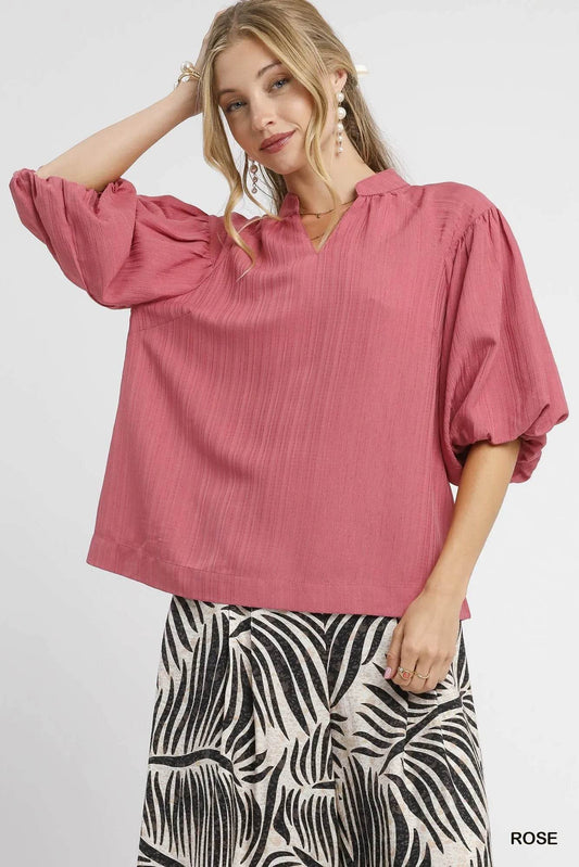 Umgee Textured Puff Sleeve Blouse - Rosa Apparel