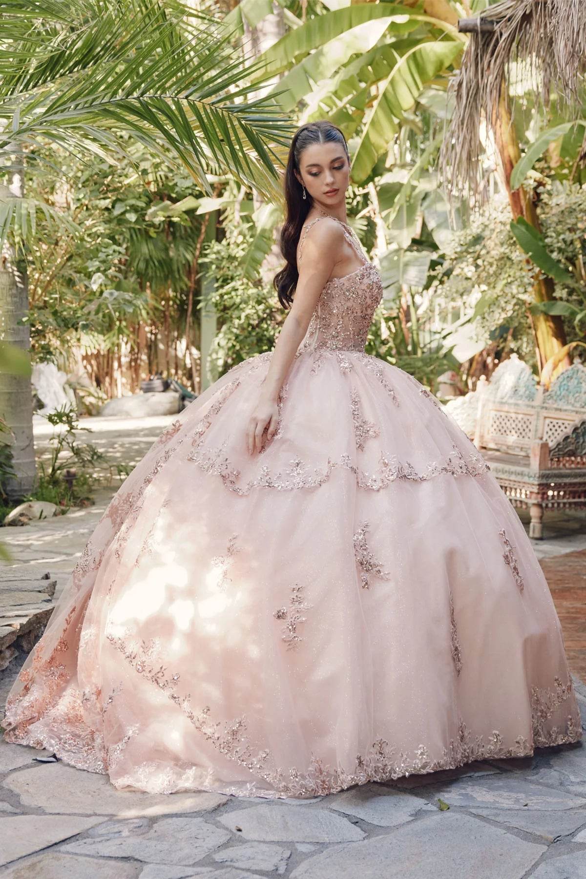 Juliet Embroidered Sleeveless Corset Quinceañera Ball Gown JT1450J - Rosa Apparel