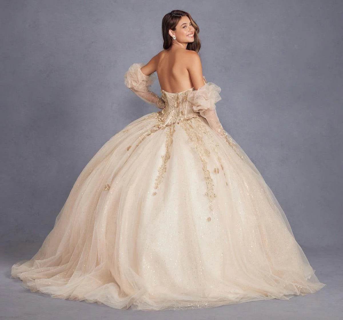 Juliet 3D Floral Puff Sleeve Ball Gown JT1465H - Rosa Apparel