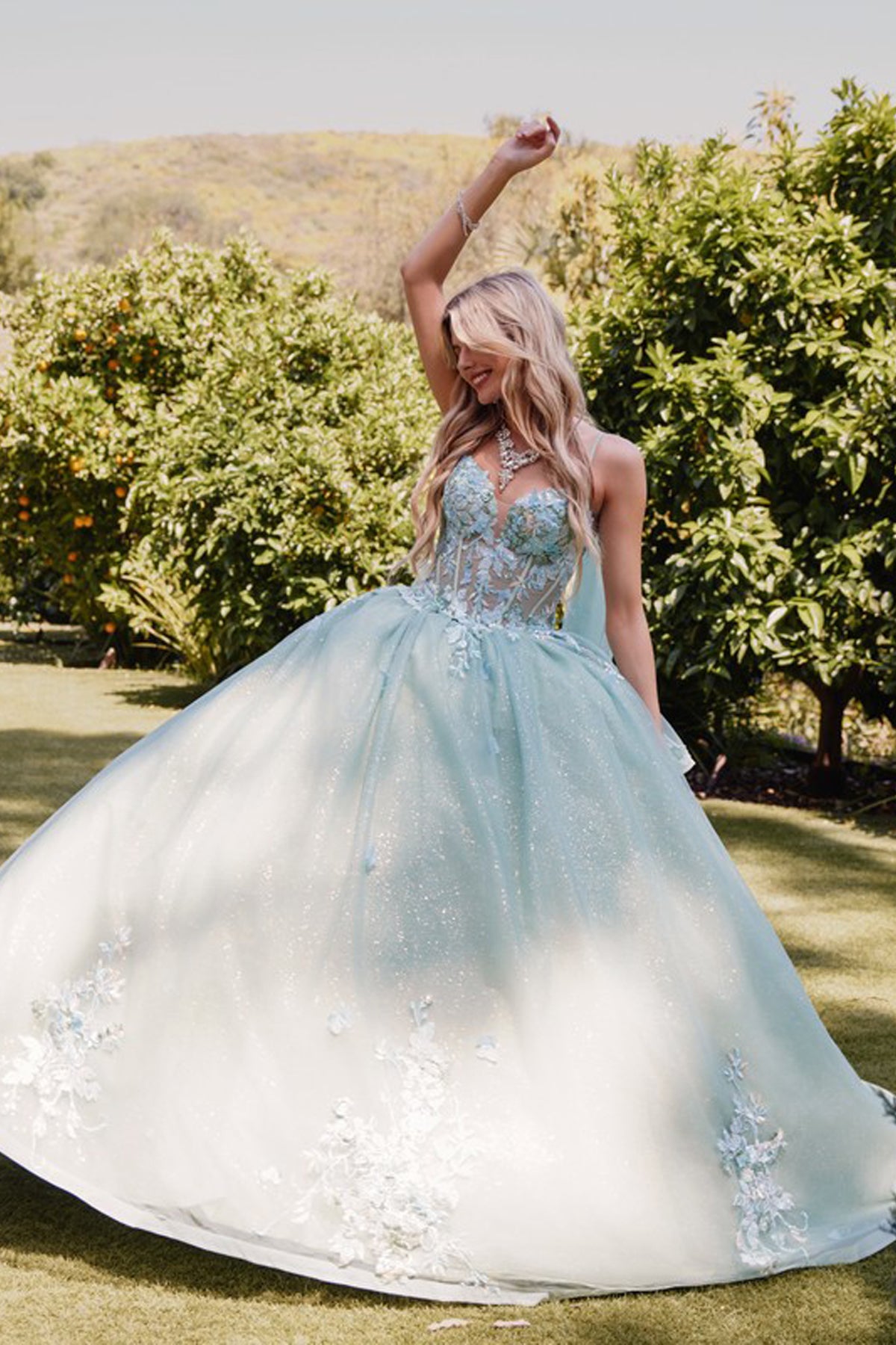 Juliet 3D Multi Floral Applique and Cape Sleeve Quinceañera Dress JT1466H