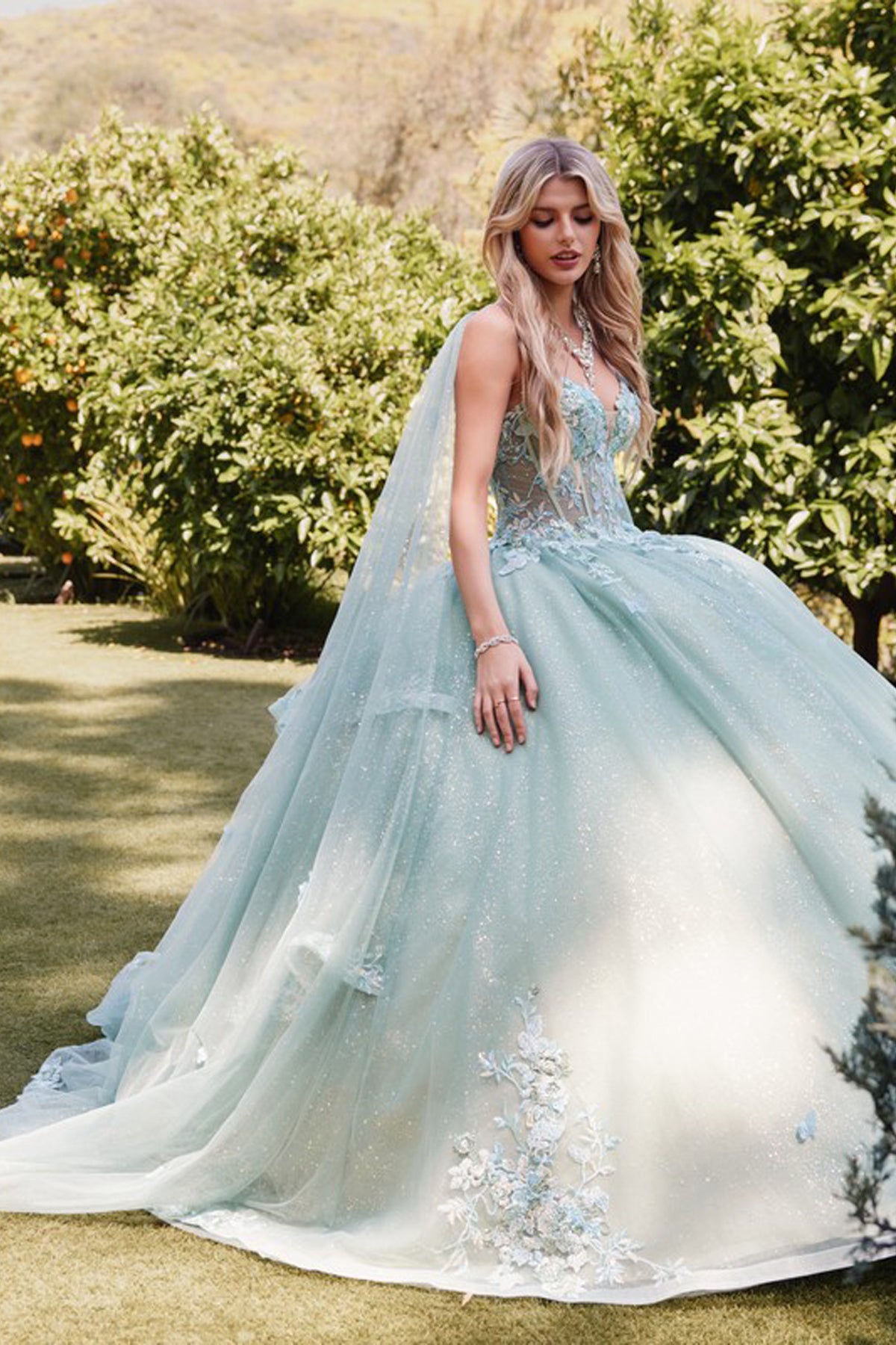 Juliet 3D Multi Floral Applique and Cape Sleeve Quinceañera Dress JT1466H