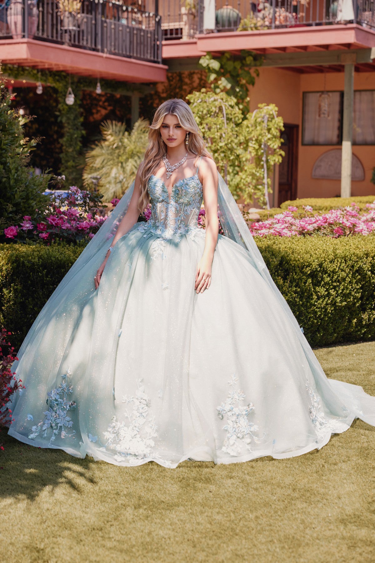 Juliet 3D Multi Floral Applique and Cape Sleeve Quinceañera Dress JT1466H