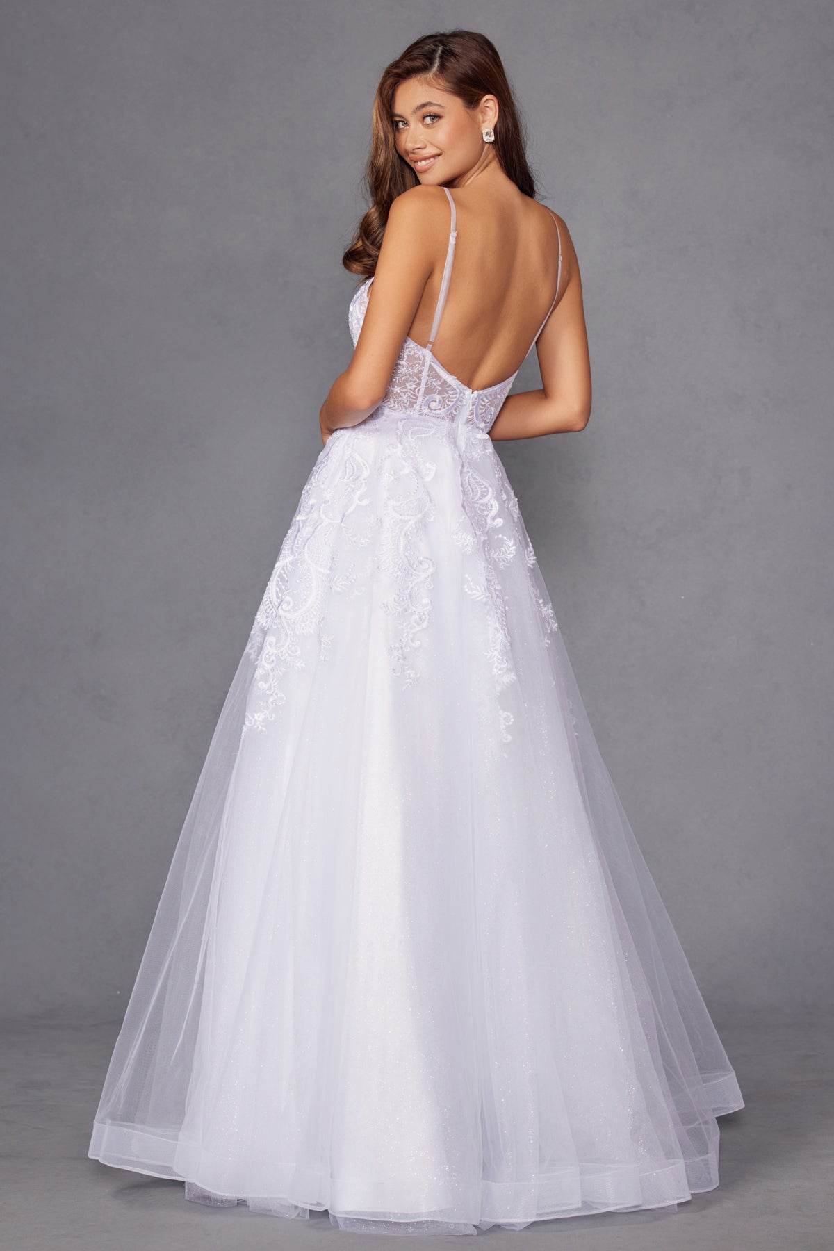 Juliet Embroidered Bodice Open Back White Gown JT2482SW - Rosa Apparel