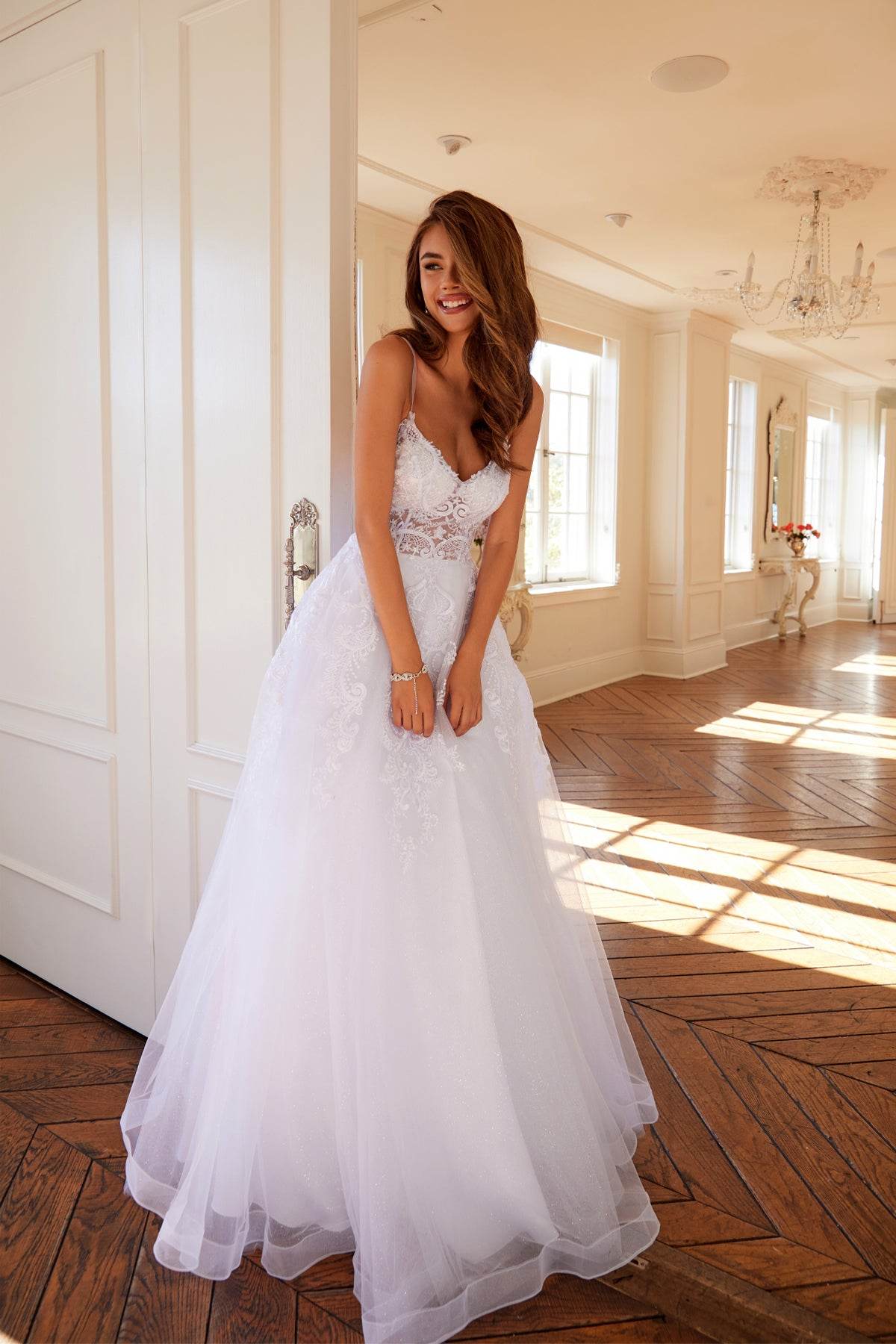 Juliet Embroidered Bodice Open Back White Gown JT2482SW - Rosa Apparel
