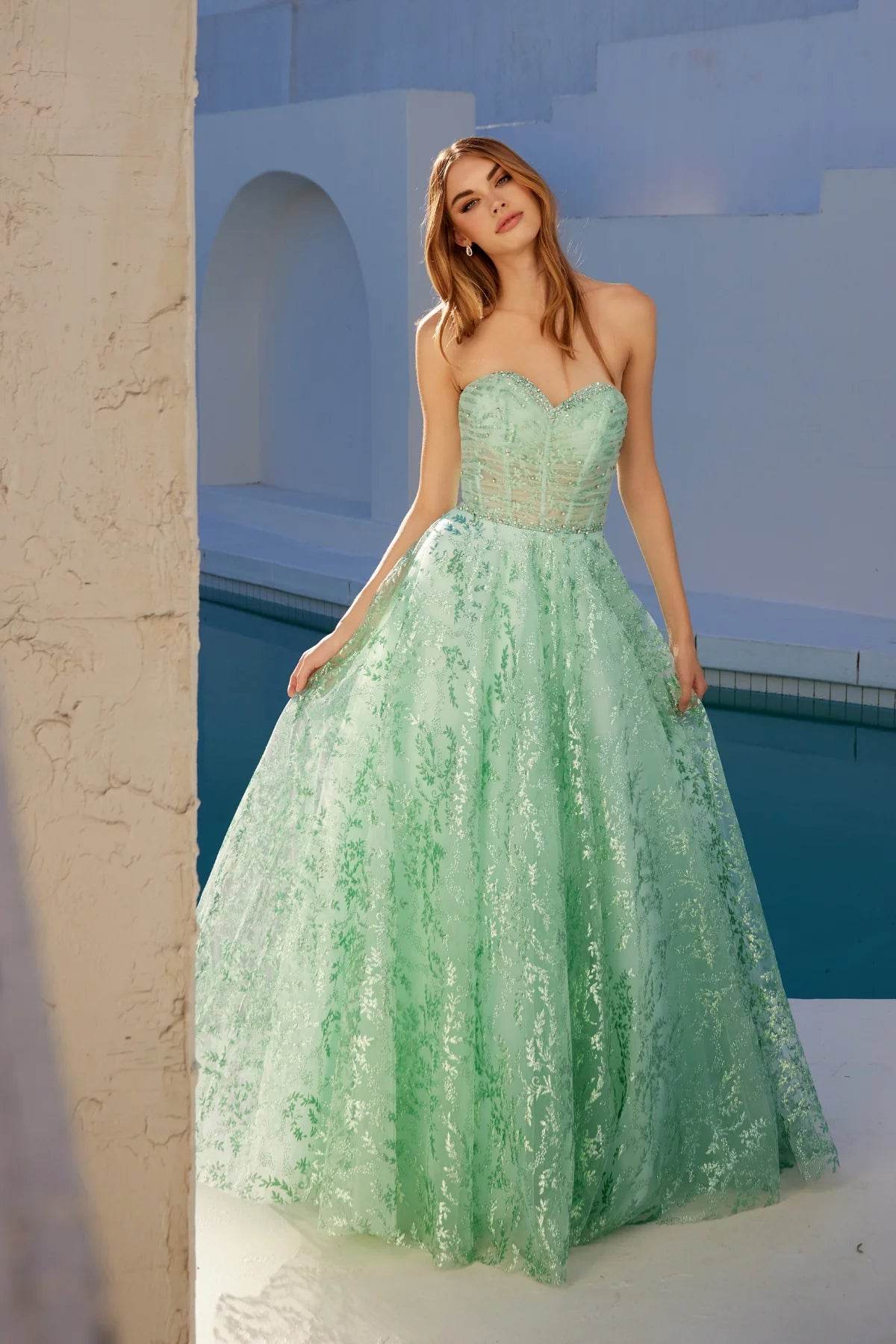 Juliet Glitter Print Strapless A-line Gown JT2547S - Rosa Apparel