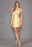 Juliet Cute Strapless Satin Homecoming Cocktail Dress with Stones and Oversized Bow JT960A