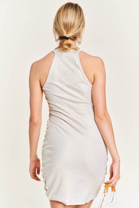 Jade By Jane Foggy Foil Overlap Sleeveless Shirred Bodycon Mini Dress - Rosa Apparel