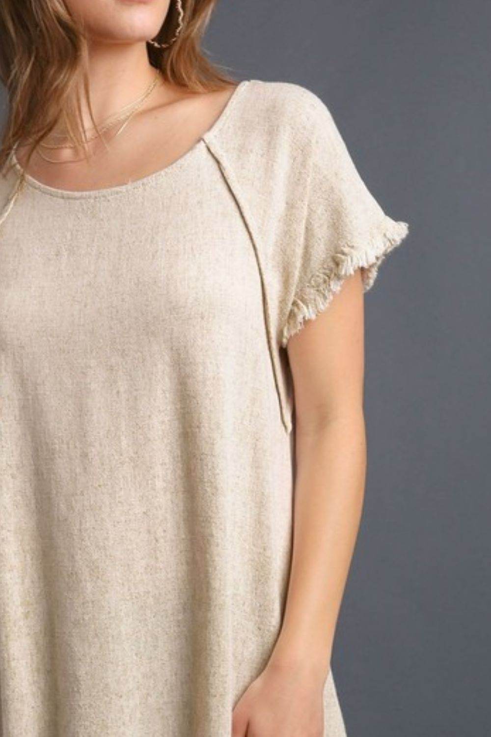 Umgee Full Size Seam Detail Linen Ruffle Fringe Edge Top Plus Size - Rosa Apparel