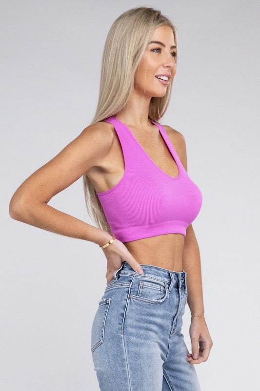 Zenana Sporty Ribbed Cropped Racerback V-Neck Sleeveless Tank Top - Rosa Apparel