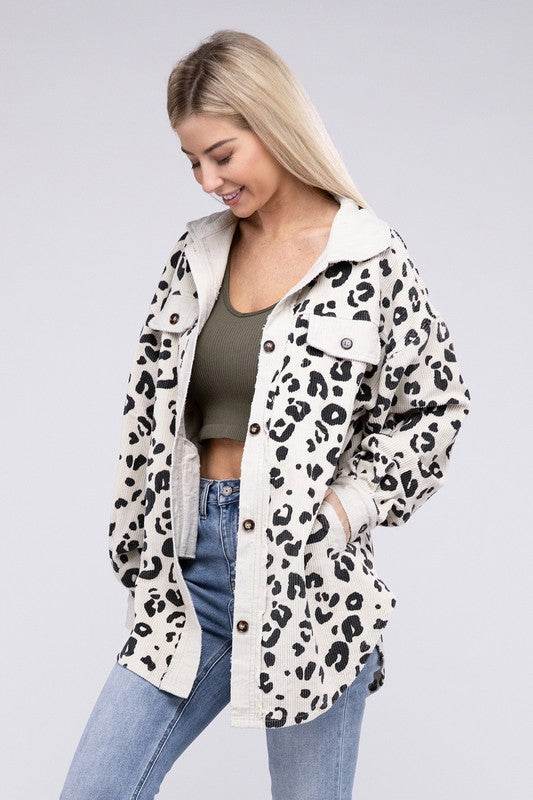 BiBi Vintage Washed Leopard Corduroy Buttoned Jacket - Rosa Apparel
