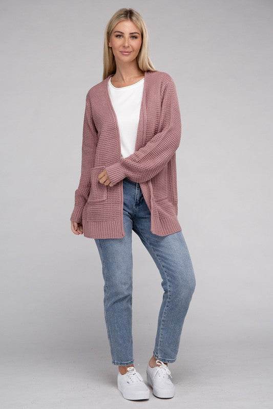Zenana Low Gauge Waffle Open Cardigan Sweater - Rosa Apparel
