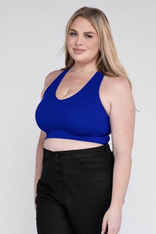 Zenana Plus Ribbed Cropped Racerback V-Neck Tank Top - Rosa Apparel