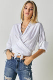 J.NNA Chic Solid V-Neck Long 3/4 Sleeve Tie Front Cropped Top - Rosa Apparel