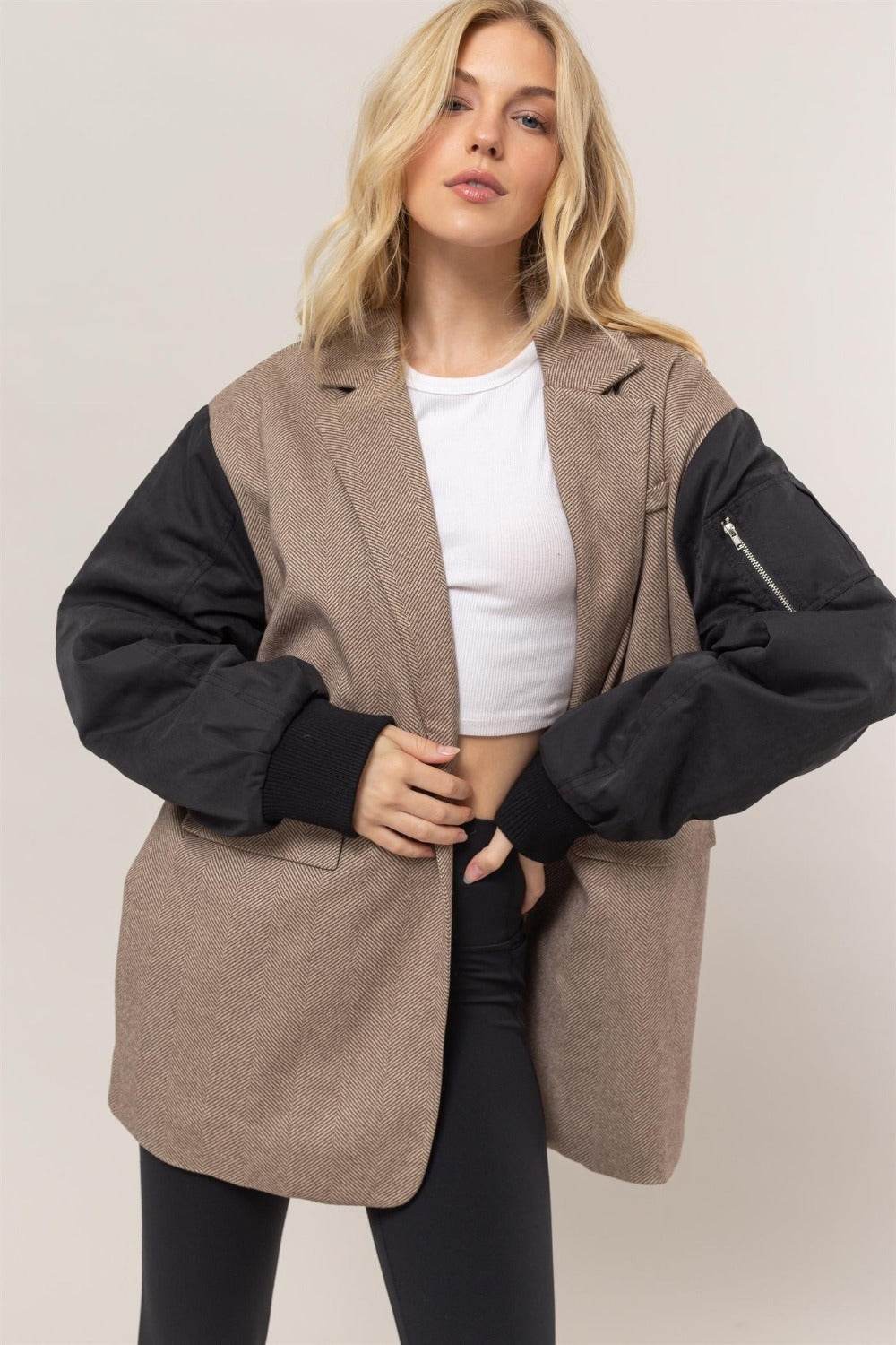HYFVE Herringbone Mixed Media Contrast Long Sleeve Blazer - Rosa Apparel