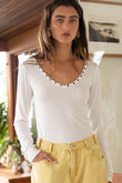 POL Studded Ribbed V-Neck Long Sleeves Top - Rosa Apparel