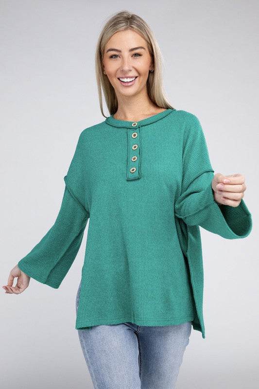 Zenana Ribbed Brushed Melange Hacci Henley Sweater - Rosa Apparel