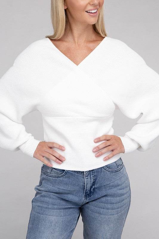 Zenana Viscose Cross Wrap V-Neck Pullover Sweater - Rosa Apparel