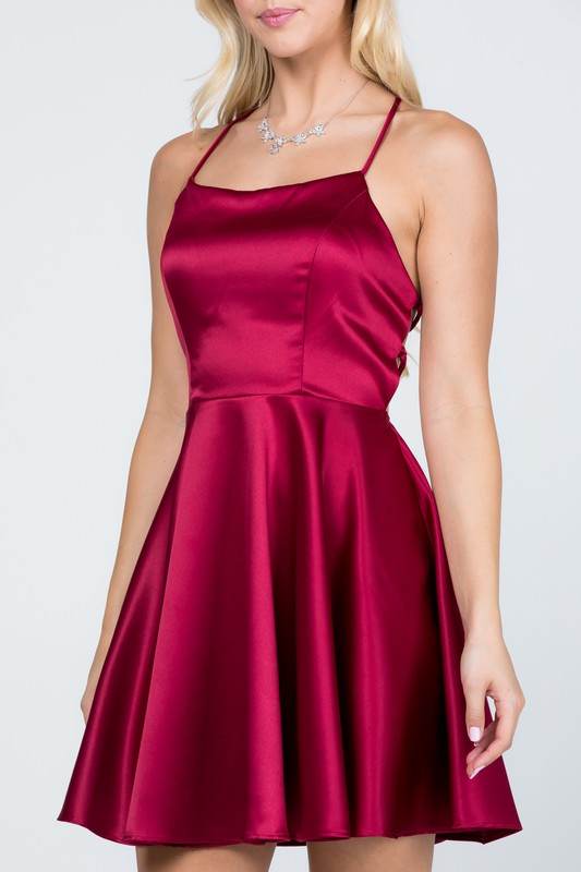 La Scala Fit And Flare Satin Like Sleeveless Lace Up Mini Dress - Rosa Apparel