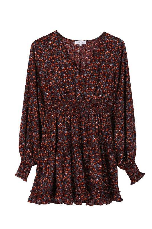 Lilou Ditsy Floral V-Neck Long Sleeves Mini Dress - Rosa Apparel