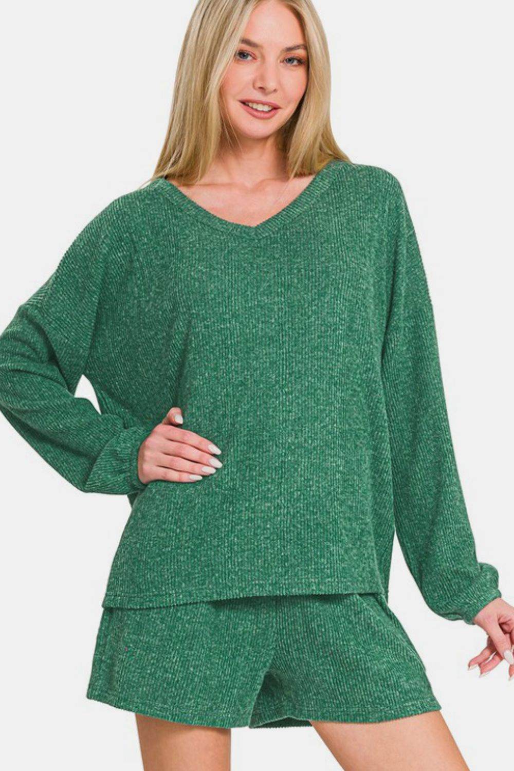 Zenana V-Neck Long Sleeve Ribbed Top and Shorts Set - Rosa Apparel