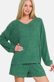 Zenana V-Neck Long Sleeve Ribbed Top and Shorts Set - Rosa Apparel