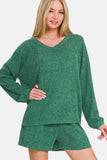 Zenana V-Neck Long Sleeve Ribbed Top and Shorts Set - Rosa Apparel