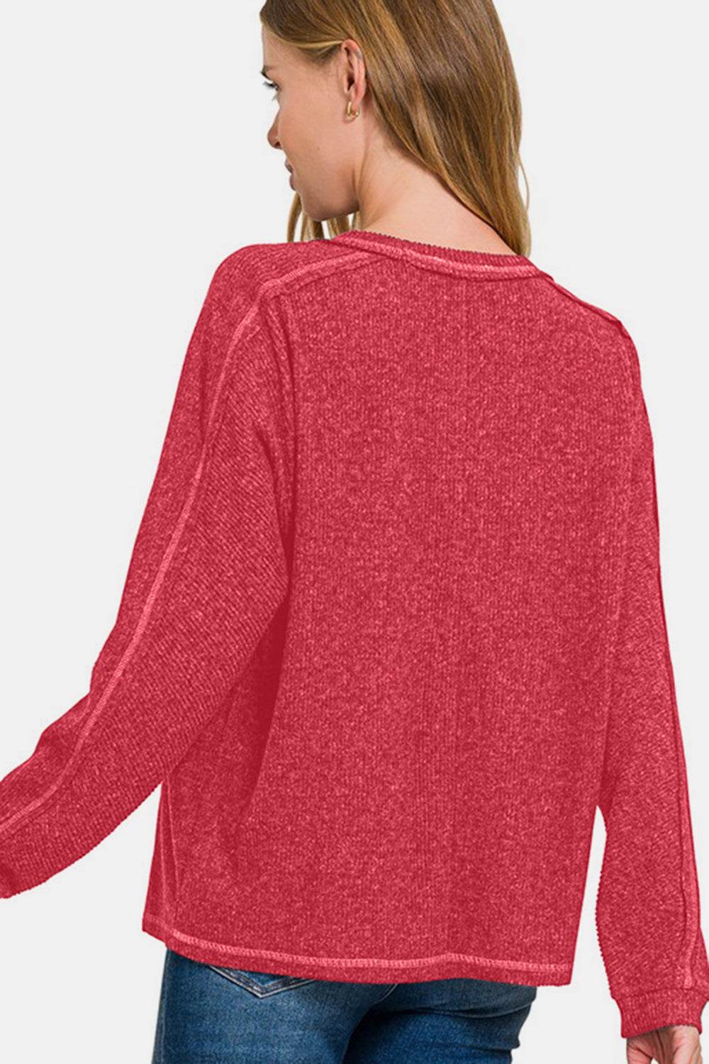 Zenana Full Size Contrast Stitching Brushed Ribbed Hacci Knit Top - Rosa Apparel