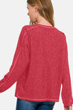 Zenana Full Size Contrast Stitching Brushed Ribbed Hacci Knit Top - Rosa Apparel