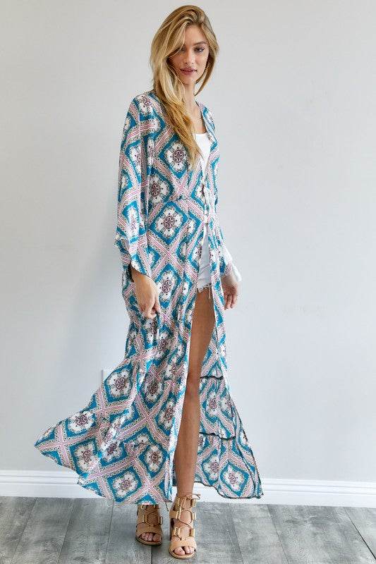 Davi & Dani Printed Long Sleeve Loose Kimono - Rosa Apparel
