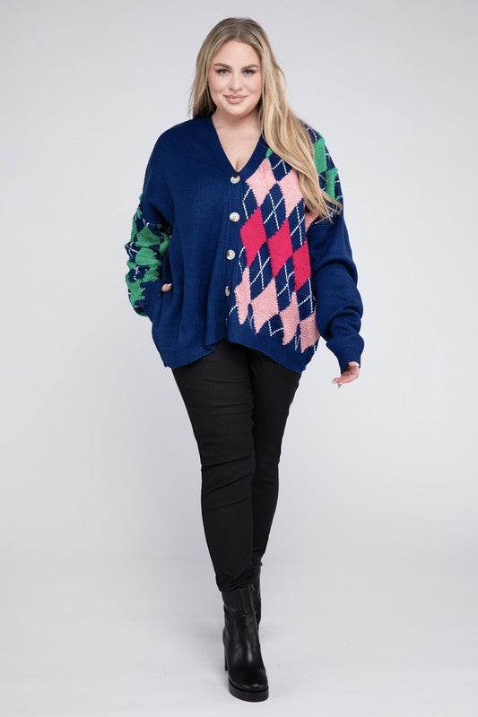 Davi & Dani Plus V-Neck Button Front Long Sleeves Cardigan - Rosa Apparel
