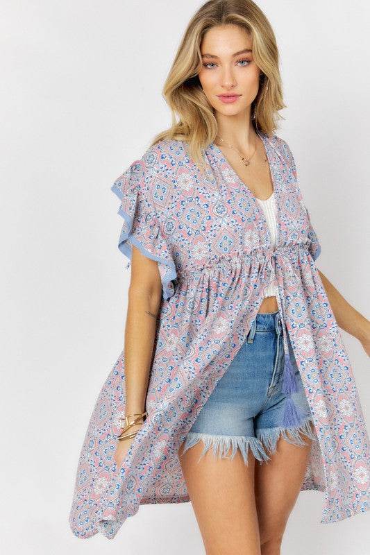 Davi & Dani Printed Short Sleeve Ruffle Kimono - Rosa Apparel