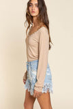 POL Studded Ribbed V-Neck Long Sleeves Top - Rosa Apparel