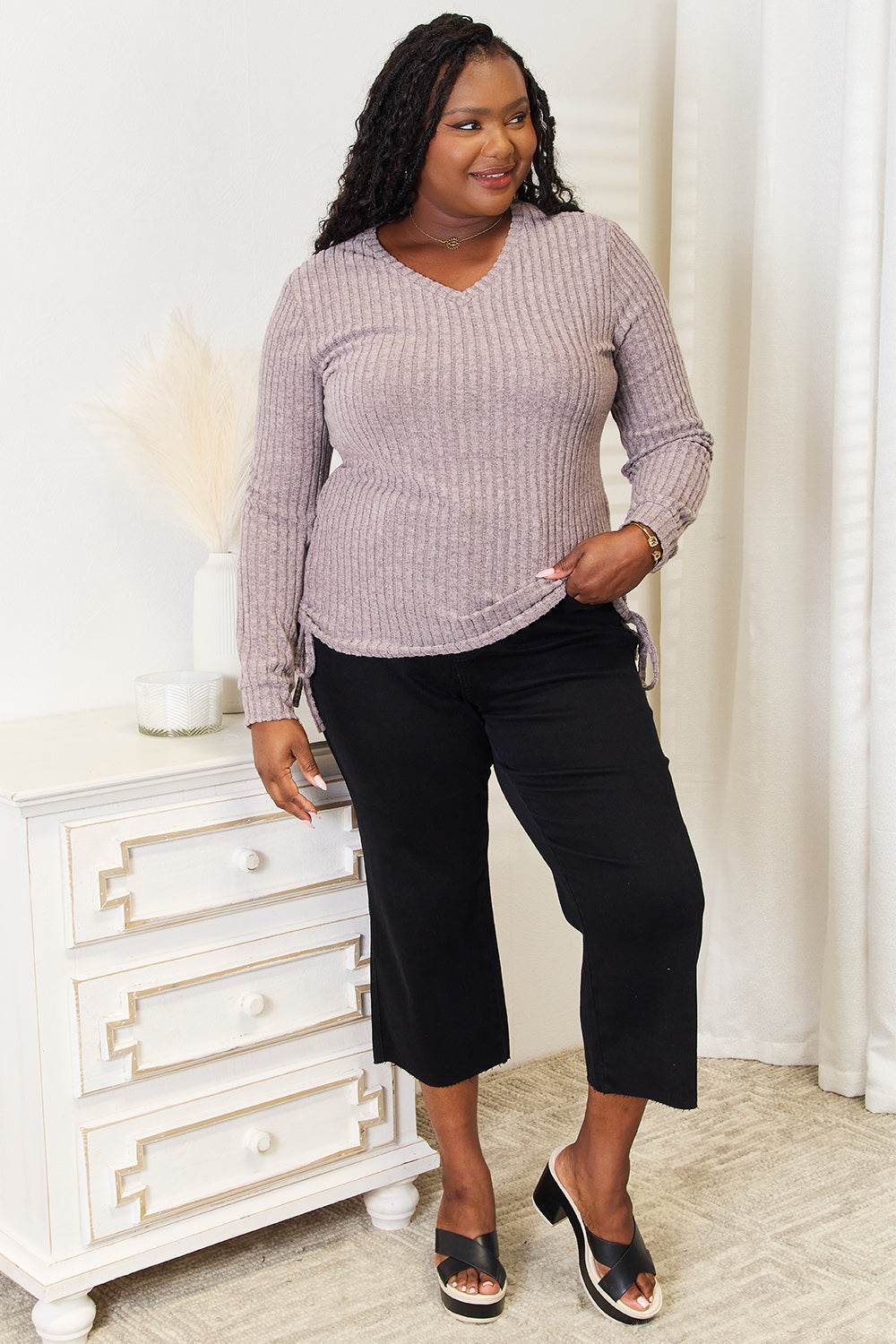 Double Take Drawstring Ribbed Long Sleeve T-Shirt - Rosa Apparel