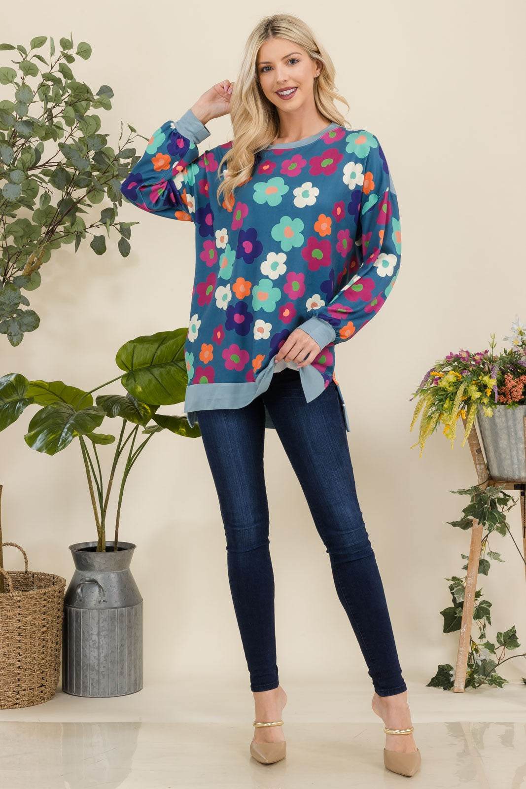 Celeste Full Size Side Slit Flower Print Long Sleeve Top - Rosa Apparel