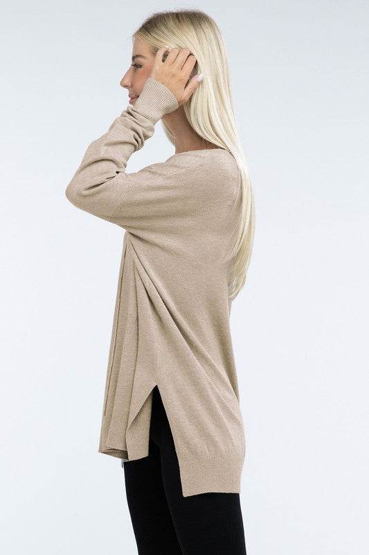 Zenana Hi-Low Hem Front Seam V-Neck Sweater - Rosa Apparel