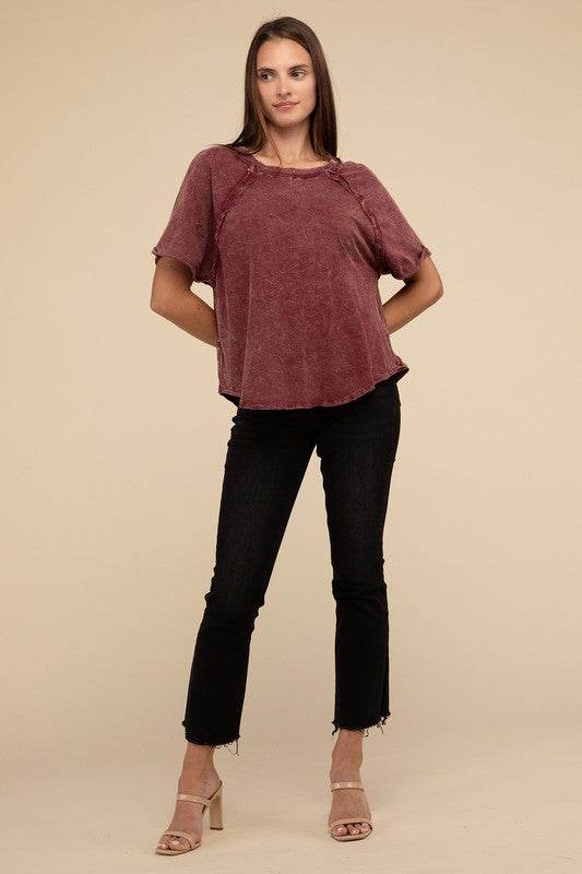 Zenana Back Patch Crinkle Washed Raglan Sleeve T-Shirt - Rosa Apparel
