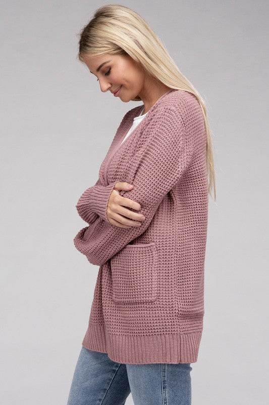 Zenana Low Gauge Waffle Open Cardigan Sweater - Rosa Apparel