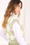 Lilou Knitted Argyle V-Neck Sleeveless Stretch Sweater Vest - Rosa Apparel
