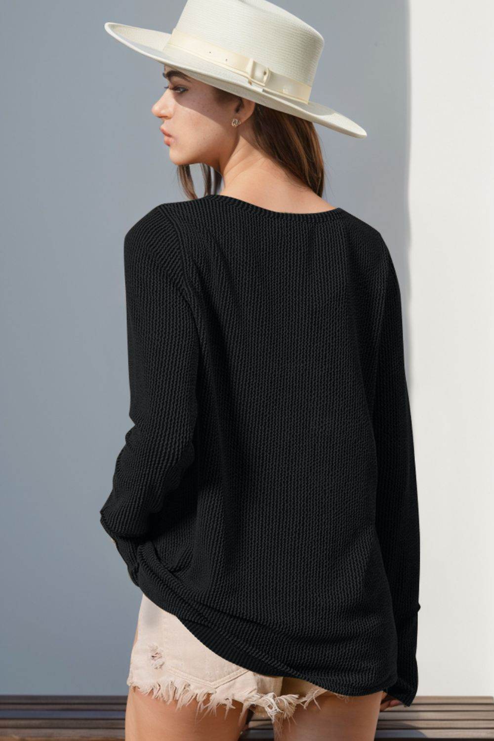 Double Take Full Size Notched Thumbhole Long Sleeve T-Shirt - Rosa Apparel