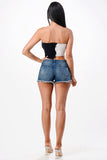 LA Scala Asymmetric Contrast Lettuce Edge Knit Tube Crop Top 11620