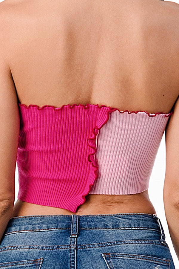 LA Scala Asymmetric Contrast Lettuce Edge Knit Tube Crop Top 11620