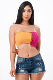 LA Scala Asymmetric Contrast Lettuce Edge Knit Tube Crop Top 11620