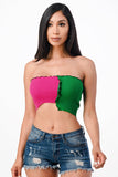 LA Scala Asymmetric Contrast Lettuce Edge Knit Tube Crop Top 11620