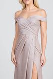 La Scala Off Shoulder Glittery Jacquard Gathered Gown - Rosa Apparel